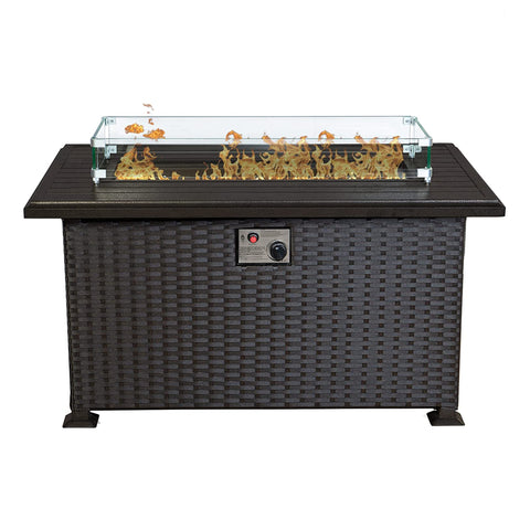Kozyard 50,000 BTU Outdoor Wicker Patio Propane Gas Fire Pit Table w/Aluminum Tabletop, Glass Wind Guard, Clear Glass Rocks, Cover, Slide Out Tank Holder, and Lid (2 Color Options)