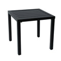 A modern black square outdoor table with a slatted top and sturdy legs, suitable for patio or garden use. Keywords: outdoor square table, black patio furniture, slatted top