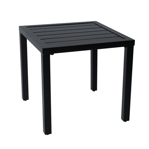 A modern black square outdoor table with a slatted top and sturdy legs, suitable for patio or garden use. Keywords: outdoor square table, black patio furniture, slatted top