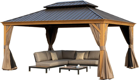 A stylish outdoor aluminum gazebo with a wood - grain finish, featuring a dark metal roof. Inside the gazebo, there is a modern sectional sofa with decorative cushions, accompanied by a coffee table. Beige curtains with darker inner layers hang from the wooden - look posts, creating a cozy and inviting outdoor relaxation space. Cozy Outdoor Aluminum Wood - Grain Gazebo for Relaxation. outdoor aluminum gazebo, wood - grain finish, dark metal roof, sectional sofa, beige curtains