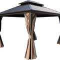 ：Elegant Brown - Curtained Gazebo
alt text：A gazebo with a dark metal frame and elegant brown curtains, suitable for outdoor relaxation and gatherings. Keywords: brown - curtained gazebo, outdoor structure, relaxation spot

