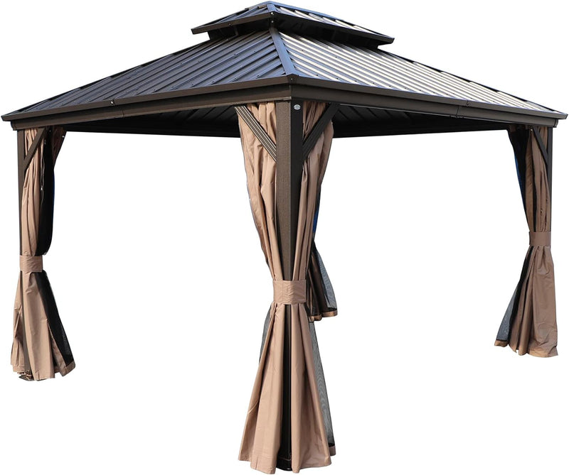 ：Elegant Brown - Curtained Gazebo
alt text：A gazebo with a dark metal frame and elegant brown curtains, suitable for outdoor relaxation and gatherings. Keywords: brown - curtained gazebo, outdoor structure, relaxation spot
