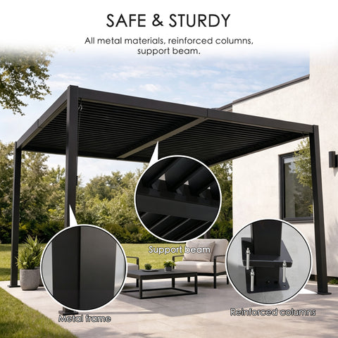 kozyard louvered pergola, safe & sturdy all metal outdoor patio shade, reinforced columns & support beams, all aluminum construction, durable outdoor gazebo for backyard, deck, garden, outdoor living
