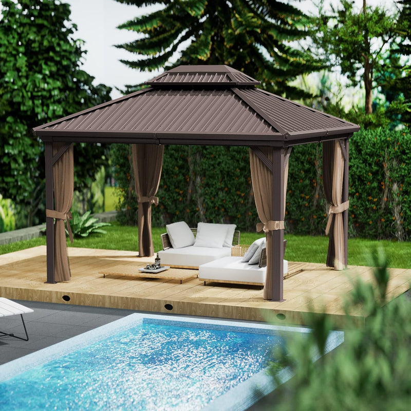 Luxurious Poolside Gazebo with Lounge Area
alt text：A brown - roofed gazebo by the pool, furnished with white lounge sofas and cushions, offering a serene outdoor relaxation spot. Keywords: poolside gazebo, lounge area, outdoor relaxation