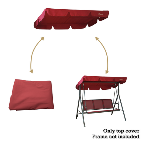 Images display a red-colored canopy for a swing chair. The canopy is shown in three states: laid flat, partially installed, and fully installed on a swing chair frame. The text clarifies that only the top cover is included, and the frame is not part of the product.
Red Canopy for Swing Chair (Frame Not Included)
swing chair canopy, red canopy, top cover only, swing chair accessories.