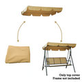 Images display a beige - colored canopy for a swing chair. The canopy is shown in three states: laid flat, partially installed, and fully installed on a swing chair frame. The text clarifies that only the top cover is included, and the frame is not part of the product.Beige Canopy for Swing Chair (Frame Not Included)swing chair canopy, beige canopy, top cover only, swing chair accessories.