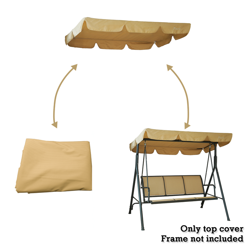 Images display a beige - colored canopy for a swing chair. The canopy is shown in three states: laid flat, partially installed, and fully installed on a swing chair frame. The text clarifies that only the top cover is included, and the frame is not part of the product.Beige Canopy for Swing Chair (Frame Not Included)swing chair canopy, beige canopy, top cover only, swing chair accessories.