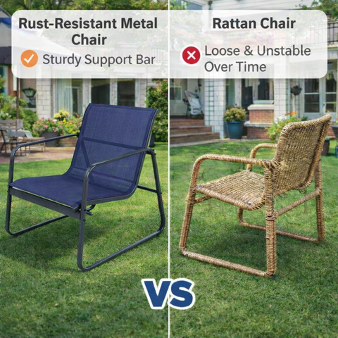 Kozyard rust-resistant metal patio chair vs rattan chair, outdoor seating with sturdy support bar, breathable textilene fabric, stable and long-lasting construction compared to loose wicker alternatives
