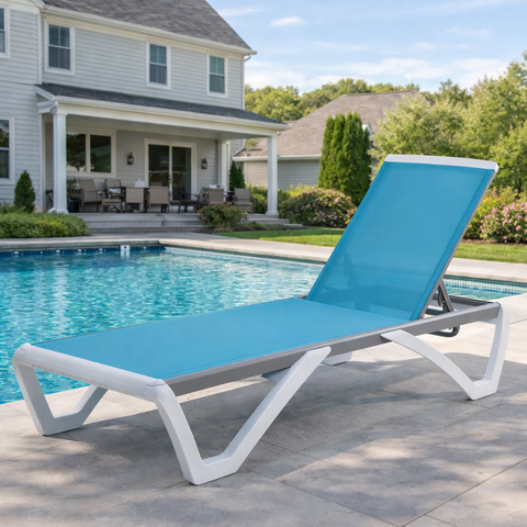Kozyard Outdoor Poolside Chaise Lounge: Adjustable recline design, vibrant blue durable Textilene fabric & sturdy metal frame—ideal for patio/poolside relaxation, featuring weather-resistant, breathable outdoor upholstery.
