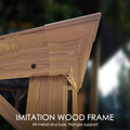 A close - up view of an outdoor gazebo's corner, showcasing its imitation wood frame. Despite the wooden appearance, it is an all - metal structure with triangle support for enhanced stability. The frame features a realistic wood - grain texture and is secured with visible screws.Durable Imitation Wood Frame of Outdoor Gazebo with Metal Structure. outdoor gazebo, imitation wood frame, all - metal structure, triangle support, wood - grain texture