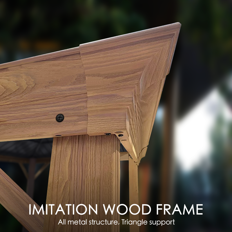 A close - up view of an outdoor gazebo's corner, showcasing its imitation wood frame. Despite the wooden appearance, it is an all - metal structure with triangle support for enhanced stability. The frame features a realistic wood - grain texture and is secured with visible screws.Durable Imitation Wood Frame of Outdoor Gazebo with Metal Structure. outdoor gazebo, imitation wood frame, all - metal structure, triangle support, wood - grain texture