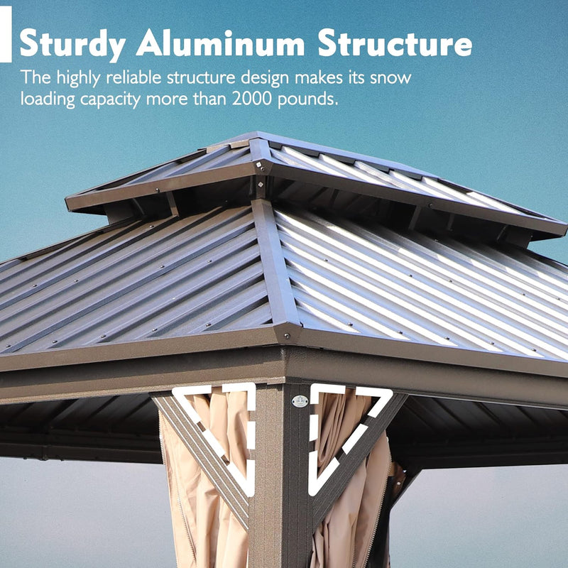 Sturdy Aluminum - Structured Gazebo
alt text：A close - up of a gazebo's roof and corner, highlighting its sturdy aluminum structure with a snow - loading capacity of over 2000 pounds. Keywords: sturdy aluminum structure, gazebo, snow - loading capacity
