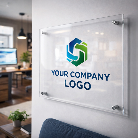 Kozyard Custom Acrylic Sign – Clear acrylic panel, UV printed company logo, modern office wall decor with smooth edges
