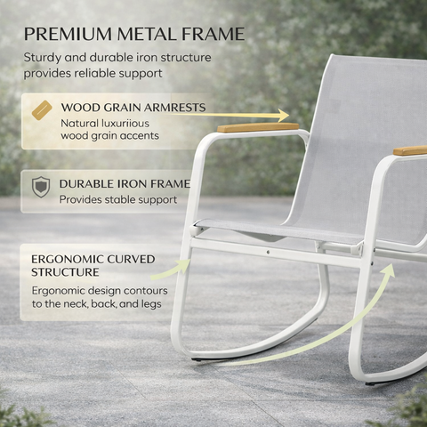 Kozyard 3 Piece Rocking Chair Set, Outdoor Rocking Textilene Bistro Set with Wooden Armrests, Outdoor Patio Furniture Set with Glass Table for Lawn, Porch, Yard, Garden, Balcony, Poolside