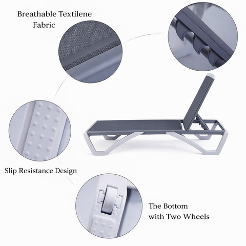 Kozyard Outdoor Chaise Lounge Details - Breathable Textilene fabric, bottom wheels (easy to move), skid-resistant design; practical features boost convenience & safety for poolside, patio outdoor relaxation
