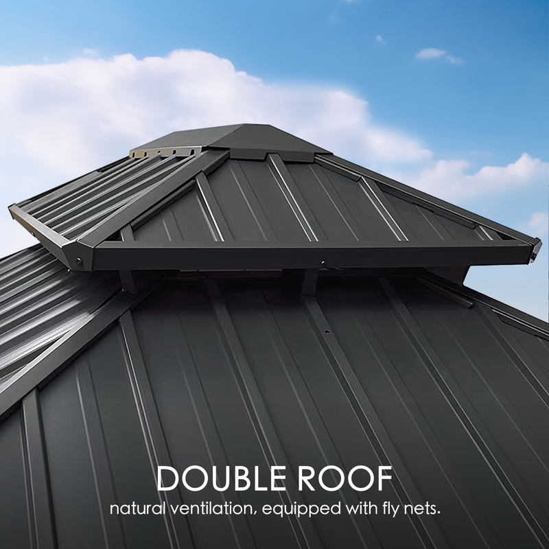A close - up view of the double - roof structure of an outdoor aluminum gazebo with a wood - grain finish. The dark - colored metal roof features a top - tier design that allows for natural ventilation and is equipped with fly nets. The text emphasizes the dual - roof feature and its benefits. Functional Double - Roof of Outdoor Aluminum Wood - Grain Gazebo. outdoor aluminum gazebo, wood - grain finish, double roof, natural ventilation, fly nets