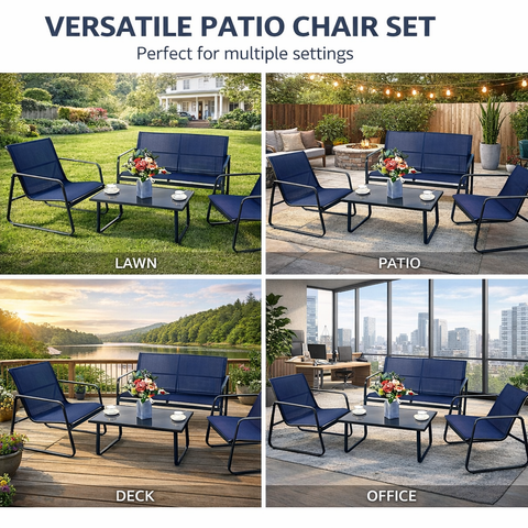Kozyard versatile patio conversation set, 4-piece outdoor furniture suitable for lawn, patio, deck and indoor office use, durable textilene fabric & rust-proof metal frame, flexible seating solution for multiple settings
