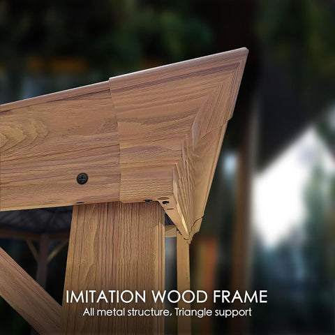 A close - up view of an outdoor gazebo's corner, showcasing its imitation wood frame. Despite the wooden appearance, it is an all - metal structure with triangle support for enhanced stability. The frame features a realistic wood - grain texture and is secured with visible screws.Durable Imitation Wood Frame of Outdoor Gazebo with Metal Structure. outdoor gazebo, imitation wood frame, all - metal structure, triangle support, wood - grain texture