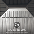 A close - up of the roof structure of an outdoor gazebo, showcasing its double - treated galvanized steel material. The text indicates that the material is zinc - treated (Zn), providing both sun and rain protection. The design features a combination of slanted and vertical panels. Durable Double - Treated Galvanized Steel Roof for Outdoor Gazebo. outdoor gazebo, double - treated galvanized steel, zinc treatment, sun protection, rain protection
