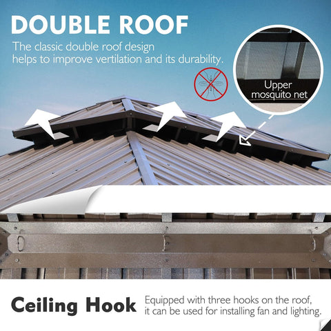 This image showcases the features of an outdoor aluminum wood - grain gazebo. The upper part highlights the double - roof design, which aids in ventilation and durability, and also features an upper mosquito net. The lower part points out the presence of ceiling hooks on the roof, which can be used for installing fans and lighting fixtures. Functional Features of Outdoor Aluminum Wood - Grain Gazebo: Double Roof and Ceiling Hooks. outdoor aluminum gazebo, wood - grain finish, double roof, ventilation.