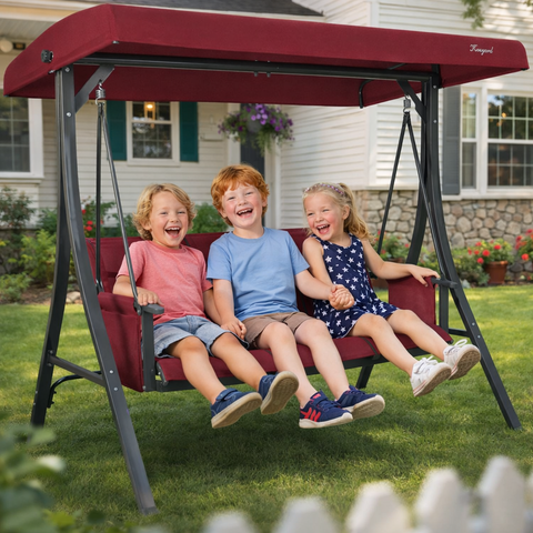 Kozyard 3-Person Outdoor Swing Glider with Canopy, Sturdy Steel Frame, Soft Fabric Seats, Patio Swing with Cup Holders for Relaxing with Pets in Backyard, Porch
