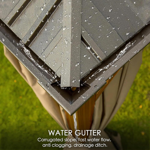 A close - up view of the corner of an outdoor gazebo's roof, highlighting its water - gutter system. Water droplets are seen flowing down the corrugated slope of the roof, indicating efficient water drainage. The text below emphasizes features like the corrugated slope, fast water flow, anti - clogging design, and drainage ditch. Efficient Water Gutter System of Outdoor Gazebo.outdoor gazebo, water gutter, corrugated slope, fast water flow, anti - clogging, drainage ditch