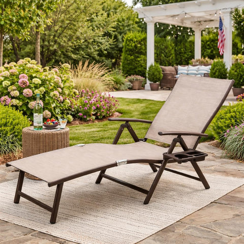 Kozyard Beige Outdoor Chaise Lounge: Adjustable recline design with built-in cup holder; durable textilene fabric & sturdy metal frame—ideal for patio, backyard relaxation, complementing outdoor garden/terrace settings.
