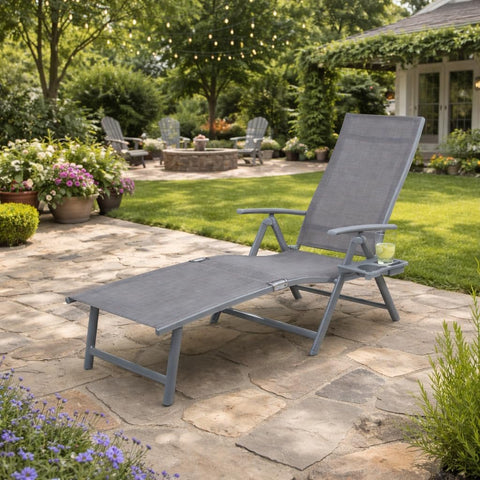 Kozyard Gray Outdoor Chaise Lounge: Adjustable recline with built-in cup holder; durable textilene fabric & sturdy metal frame—suitable for patio, backyard, outdoor living spaces for comfortable relaxation.
