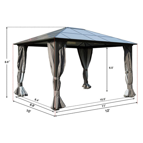 Kozyard 10ftx12ft' Polycarbonate Top Aluminum Permanent Gazebo with a Mosquito Net and Privacy Curtain