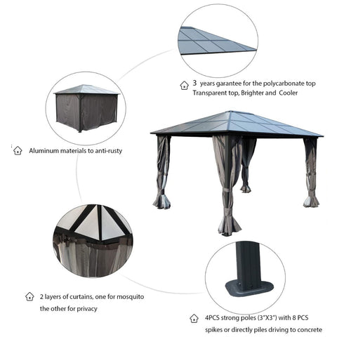 Kozyard 10ftx12ft' Polycarbonate Top Aluminum Permanent Gazebo with a Mosquito Net and Privacy Curtain