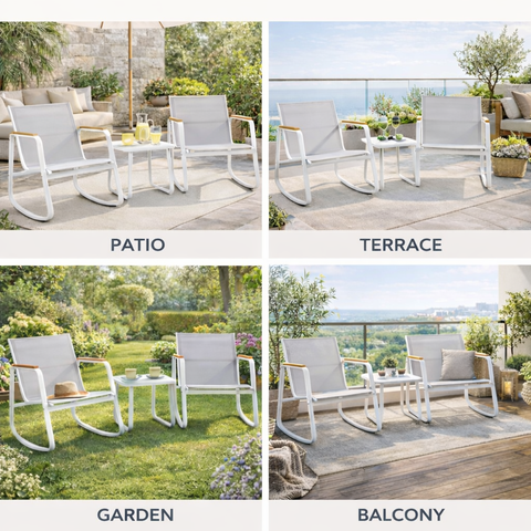 Kozyard versatile patio rocking bistro set, suitable for patio, terrace, garden and balcony use, 3-piece outdoor furniture with breathable textilene fabric & sturdy metal frame
