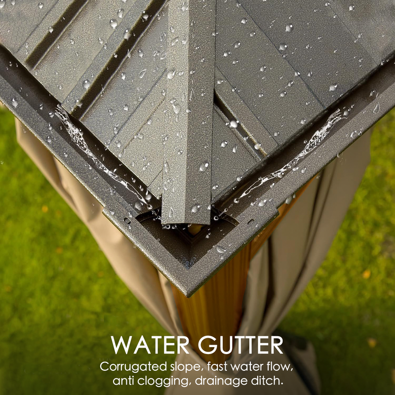A close - up view of the corner of an outdoor gazebo's roof, highlighting its water - gutter system. Water droplets are seen flowing down the corrugated slope of the roof, indicating efficient water drainage. The text below emphasizes features like the corrugated slope, fast water flow, anti - clogging design, and drainage ditch. Efficient Water Gutter System of Outdoor Gazebo.outdoor gazebo, water gutter, corrugated slope, fast water flow, anti - clogging, drainage ditch