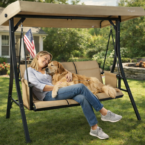 Kozyard 3-Seat Patio Swing with Adjustable Sun Canopy, Heavy-Duty Steel Stand, Comfortable Fabric Cushions, Outdoor Porch Swing for Grandparent and Child Bonding
