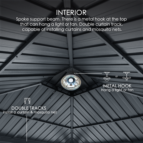 Interior view of a gazebo showing spoke support beams, a metal hook for hanging lights or fans, and double curtain tracks for installing curtains and mosquito nets. Close - up of a gazebo's interior highlighting features like a central metal hook and double tracks for curtain and mosquito net installation.  Gazebo Interior: Spoke Support, Metal Hook & Double Tracks. Discover the Interior Features of This Gazebo: Hooks and Tracks. Gazebo interior, spoke support beam, metal hook, double curtain tracks.