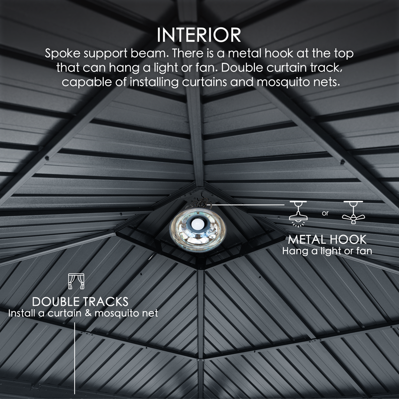 Interior view of a gazebo showing spoke support beams, a metal hook for hanging lights or fans, and double curtain tracks for installing curtains and mosquito nets. Close - up of a gazebo's interior highlighting features like a central metal hook and double tracks for curtain and mosquito net installation.  Gazebo Interior: Spoke Support, Metal Hook & Double Tracks. Discover the Interior Features of This Gazebo: Hooks and Tracks. Gazebo interior, spoke support beam, metal hook, double curtain tracks.