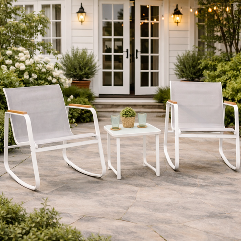 Kozyard 3-piece patio rocking bistro set, includes two outdoor rocking chairs and side table, breathable textilene fabric & rust-resistant metal frame, ideal for backyard and patio relaxation
