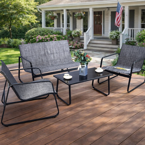 Kozyard outdoor patio furniture set, 4-piece conversation seating with loveseat, chairs and glass-top coffee table, weather-resistant textilene fabric & sturdy metal frame, perfect for front porch and garden relaxation
