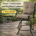Kozyard outdoor swivel patio chair featuring thick, comfortable and resilient 4-inch cushions. Crafted with durable polyester fabric securely tied to the sturdy metal frame, designed for long-lasting outdoor seating comfort.
