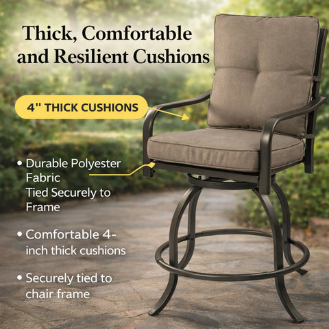 Kozyard outdoor swivel patio chair featuring thick, comfortable and resilient 4-inch cushions. Crafted with durable polyester fabric securely tied to the sturdy metal frame, designed for long-lasting outdoor seating comfort.
