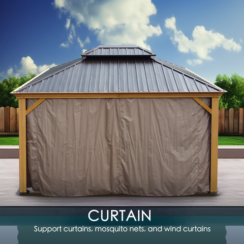 An outdoor aluminum gazebo with a wood - grain finish, featuring a dark metal roof. The front of the gazebo is covered by a large, beige - colored curtain. The text indicates that the gazebo supports various types of coverings, including curtains, mosquito nets, and wind curtains. Versatile Outdoor Aluminum Wood - Grain Gazebo with Curtain Support. outdoor aluminum gazebo, wood - grain finish, dark metal roof, curtain, mosquito net, wind curtain