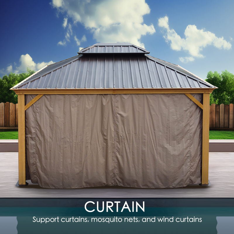 An outdoor aluminum gazebo with a wood - grain finish, featuring a dark metal roof. The front of the gazebo is covered by a large, beige - colored curtain. The text indicates that the gazebo supports various types of coverings, including curtains, mosquito nets, and wind curtains. Versatile Outdoor Aluminum Wood - Grain Gazebo with Curtain Support. outdoor aluminum gazebo, wood - grain finish, dark metal roof, curtain, mosquito net, wind curtain.
