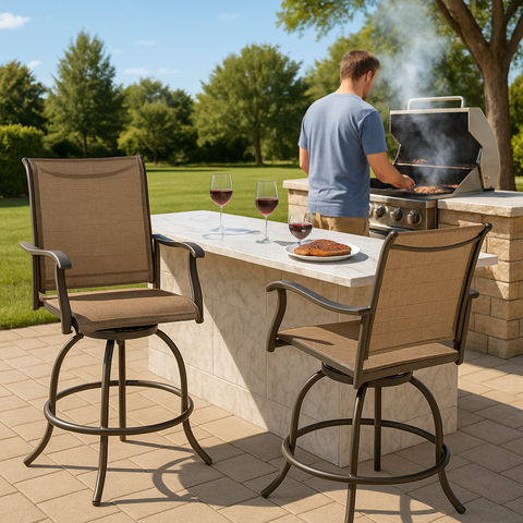 Kozyard outdoor swivel bar stools, patio counter height chairs with armrests, ergonomic high-back design, durable textilene fabric & heavy-duty metal frame, ideal for backyard bar and poolside seating
