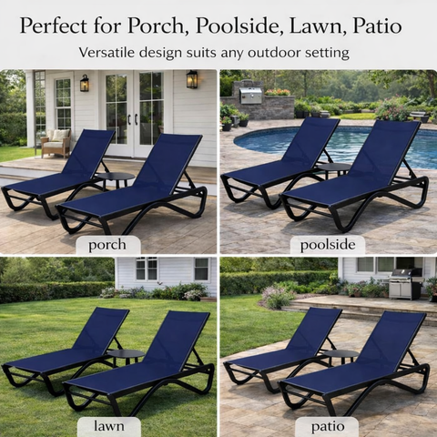 Kozyard versatile outdoor lounge chairs: suitable for porch, poolside, lawn & patio—adaptable design fits various outdoor living spaces for comfortable relaxation.
