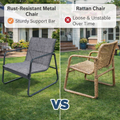 Kozyard rust-resistant metal patio chair vs rattan chair, outdoor seating with sturdy support bar, breathable textilene fabric, stable and long-lasting construction compared to loose wicker alternatives
