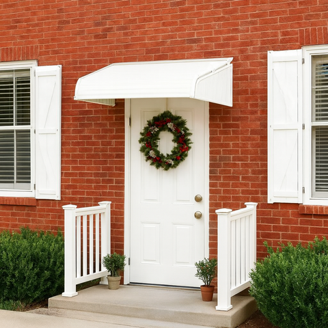 Kozyard 48x40 inch door and window awning with aluminum frame and 2 integrated side panels installed above a white exterior door on a brick house, featuring a premium PVC cover for rain, snow, UV, and sunlight protection for home entrances, patios, and windows.