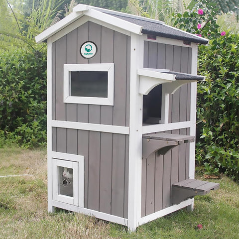 CuKitty outdoor cat house with a window, door, and perches, placed on grass. CuKitty cat house, outdoor pet shelter, cat perches, window, door. CuKitty Outdoor Cat House with Window and Perches. CuKitty cat house, outdoor pet shelter, cat perches, window, door, pet haven.



