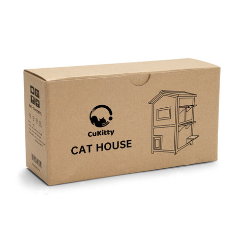 CuKitty cat house packaging box with a cat silhouette logo and product illustration. CuKitty cat house, packaging box, cat silhouette, pet product. CuKitty Cat House Packaging - Pet Product Box Design.CuKitty cat house, packaging box, cat silhouette, pet product, cat shelter.