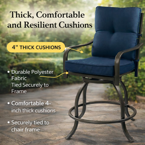 Kozyard outdoor swivel patio chair featuring thick, comfortable and resilient 4-inch cushions. Crafted with durable polyester fabric securely tied to the sturdy metal frame, designed for long-lasting outdoor seating comfort.
