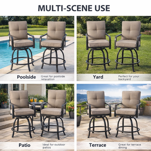 Kozyard Outdoor Bar Stools Set - Swivel Patio Furniture with Comfortable Padded Seats & Armrests. Multi-scene use (poolside, yard, patio, terrace) built with sturdy metal frame and durable outdoor fabric, ideal for outdoor relaxation & dining.
