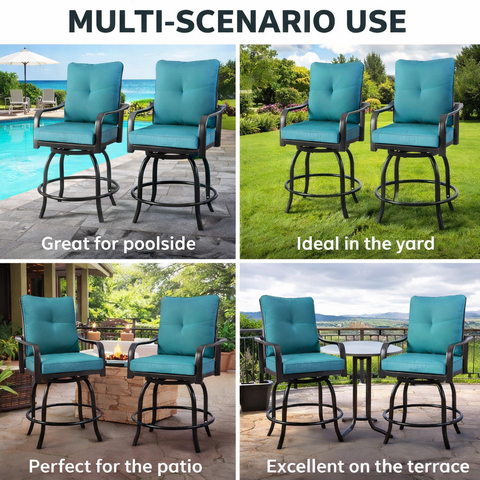 Kozyard Outdoor Bar Stools Set - Swivel Patio Furniture with Comfortable Padded Seats & Armrests. Multi-scene use (poolside, yard, patio, terrace) built with sturdy metal frame and durable outdoor fabric, ideal for outdoor relaxation & dining.
